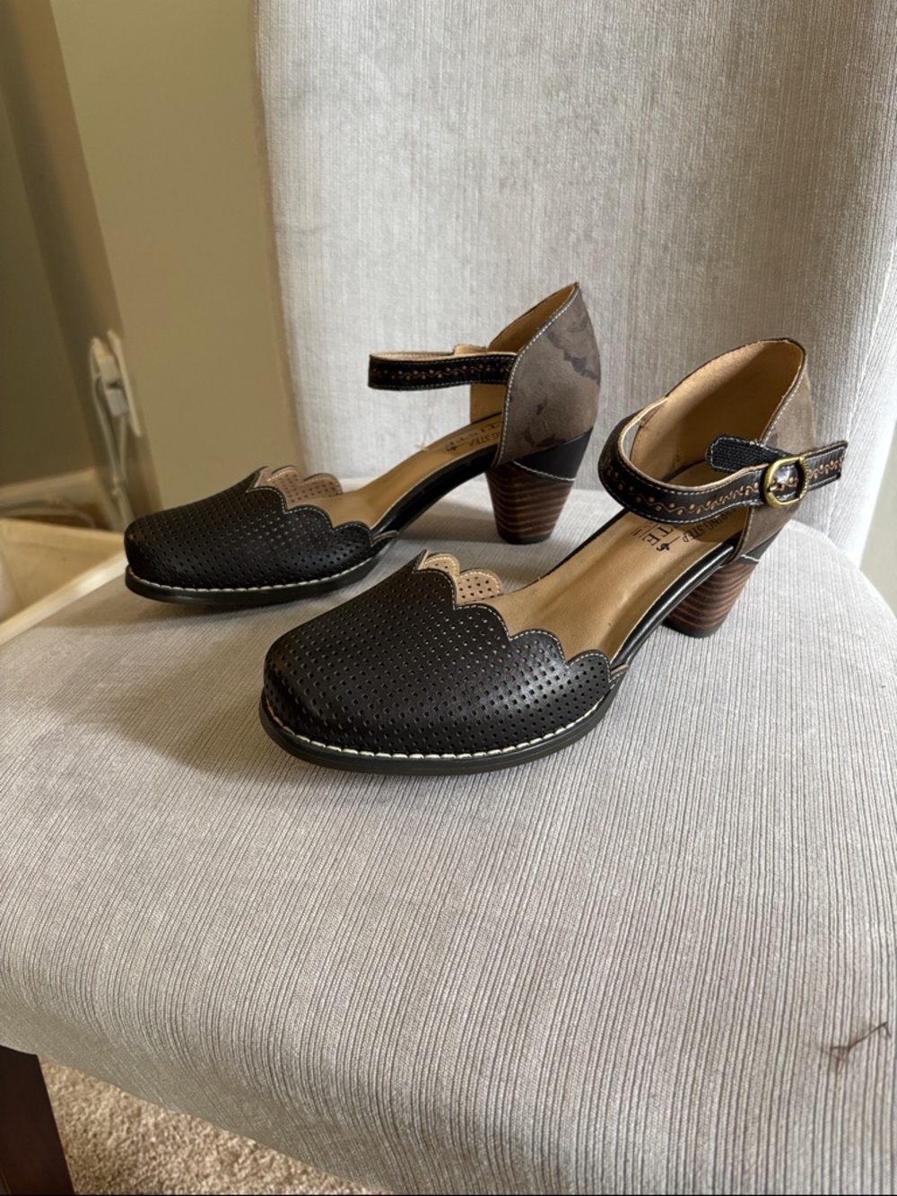 Spring Step Black and Taupe Scalloped Mary Jane Heels